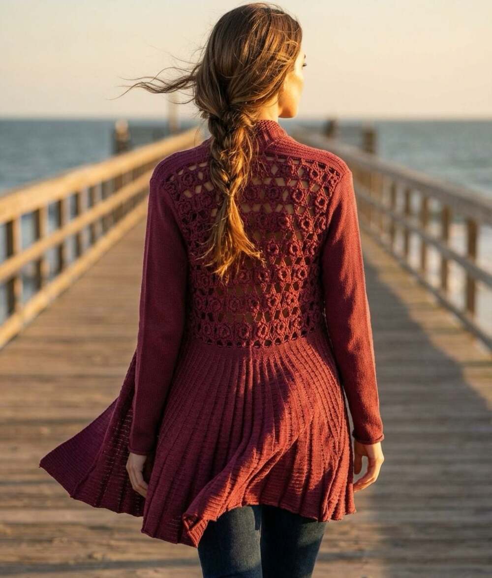 Sioni Maroon Open Front Crochet Back Ribbed Cardigan - EK